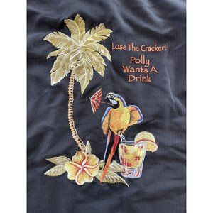 Luau Beach Lose the Cracker Polly Wants Drink Embroidered Silk Black Shirt 2XL
